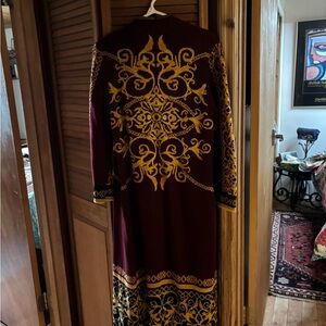 Longline Embroidered Cardigan in Burgundy and Gold
